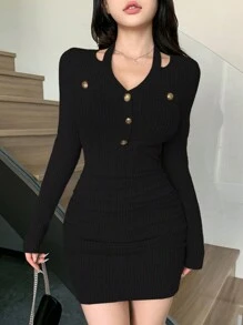 Joudiya Halter Neck Patchwork Mini Dress For Women,Fall Clothes Long Sleeve Dress - Black - View 3