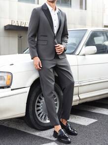 Manfinity Mode Plus Size Men 2pcs/Set Color Block Lapel Jacket And Trousers Suit - Dark Grey - View 4