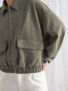 Manfinity VCAY Men Loose Fit Drop Shoulder Long Sleeve Lapel Casual Jacket, Suitable For Autumn/Winter - Army Green - View 5