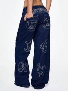 ROMWE Grunge Punk 女式宽松腰直腿做旧刺绣朋克牛仔裤 - 藏蓝色 - 查看 6