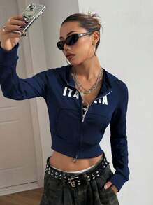 StreetHx Women's Letter Print Hooded Zipper Front Long Sleeve Sweatshirt With Pockets,Graduation,Teacher,Back To School Pullover Fall - Navy Blue - View 4