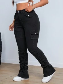 SHEIN ICON Plus Size Solid Color Pleated Pocket Skinny Jeans - Black - View 4