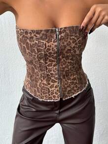 EURMUSE 女士夏季休闲街头豹纹拉链短款牛仔上衣 - 彩色 - 查看 7