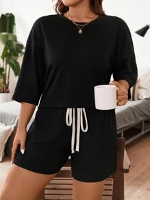 Calvaya Plus Size Summer Casual Solid Color Loose Fit Drop Shoulder T-Shirt And Short Set