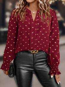Plus Size V-Neck Long Sleeve Allover Print Casual Blouse - Burgundy - View 4