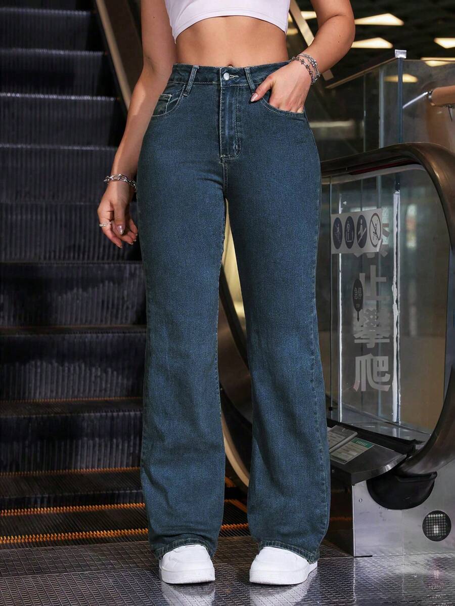 SHEIN ICON Front Buttoned Multiple Pockets Casual Denim Long Pants Y2k - Dark Wash - View 1