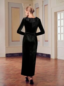 ZEYLAH VELVET V-NECK RUFFLE TRIM CONTRAST PIPING SPLIT THIGH LONG DRESS WITHOUT BELT