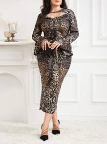 Modelyn Plus Size Leopard Print Keyhole Neckline Ruched Long Sleeve Dress Long Evening Dresses - Multicolor - View 6