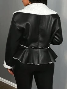 Slaydiva 秋冬新款大翻领斜拉链宽松长袖收腰黑色 PU 保暖内衬女士人造毛外套-AA - 黑色 - 查看 2