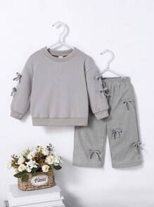 SHEIN 2pcs Baby Girls Cozy Pink Bow Sweatshirt & Corduroy Pants Set - Grey - View 1
