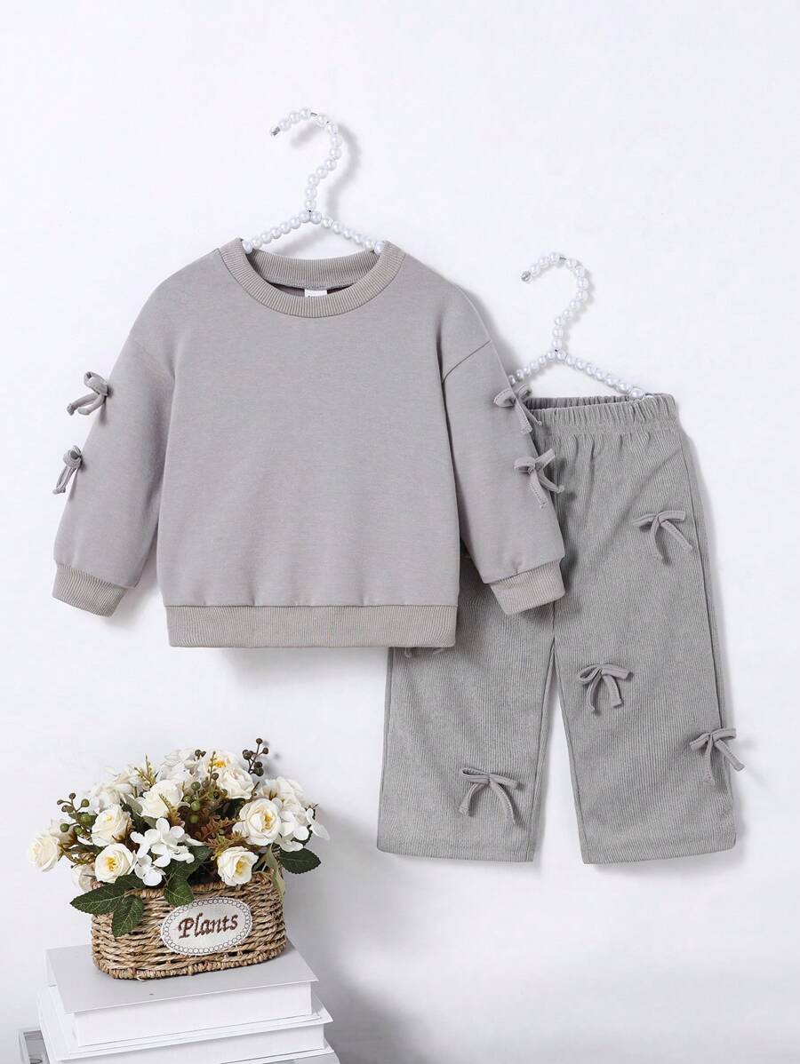 SHEIN 2pcs Baby Girls Cozy Pink Bow Sweatshirt & Corduroy Pants Set - Grey - View 1