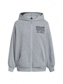 Mulvari Áo hoodie dài tay in chữ thường ngày cho nữ - Xám - Xem 2