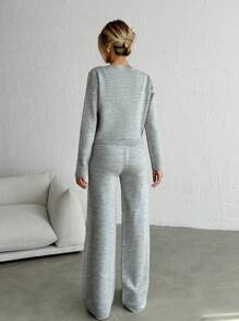 EURMUSE 2pcs/Set Solid Front Button Design Long Sleeve Top With Pocket And Casual Pants - Grey - View 2