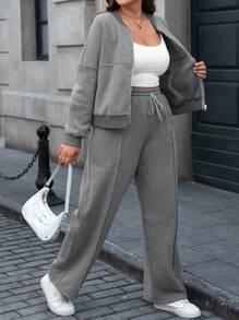 Easura 2 件大码休闲前拉链上衣和抽绳裤套装 - 深灰色 - 查看 1