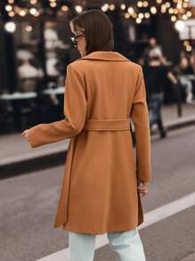 RueChic Lapel Neck Belted Slant Pocket Overcoat - Camel - View 2