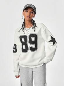 SHEIN EZwear 女式秋冬款超大落肩圆领星星和数字印花运动衫