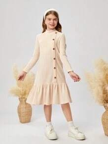 SHEIN Tween Girl 休闲罗纹高领拼布荷叶边下摆纽扣装饰中长连衣裙，杏色 - 适合居家、户外和学校穿着 - 杏色 - 查看 4