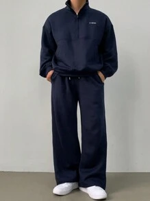 DAZY Men's Letter Graphic Zipper Front Minimalist Sweatshirt And Pants Casual Set Autumn - Navy Blue - View 1