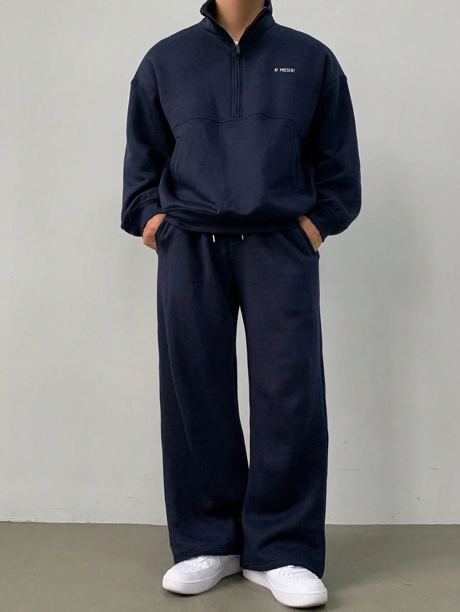 DAZY Men's Letter Graphic Zipper Front Minimalist Sweatshirt And Pants Casual Set Autumn - Navy Blue - View 1