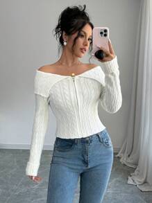 Chiquease Women's Solid Color Off-Shoulder Long Sleeve Zipper Front Fitted Cardigan, Autumn/Winter - White - View 3