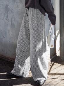 FRIFUL Women's Casual Color Block Striped Drawstring Waist Wide Leg Pants - Black - View 8