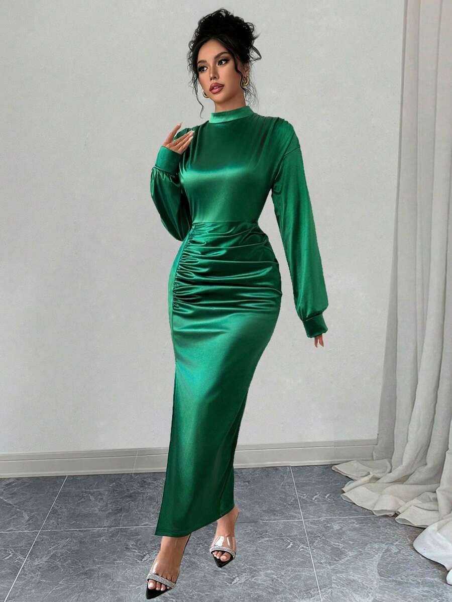 Chiquease Women Elegant Green Satin Pleated Dress - Green - View 1