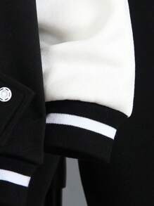 SHEIN Bộ 2 món/Bộ quần áo thể thao dài tay cổ bẻ rộng rãi phong cách Varsity cho bé trai, thiết kế khối màu đen và trắng, bo chun ở cổ tay và cạp quần tạo sự thoải mái - màu đen - Xem 7