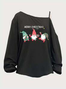 SHEIN LUNE Plus Size Women's Christmas Casual Simple Santa Claus Pattern Autumn One-Shoulder Sling Asymmetrical T-Shirt Clothes - Black - View 1
