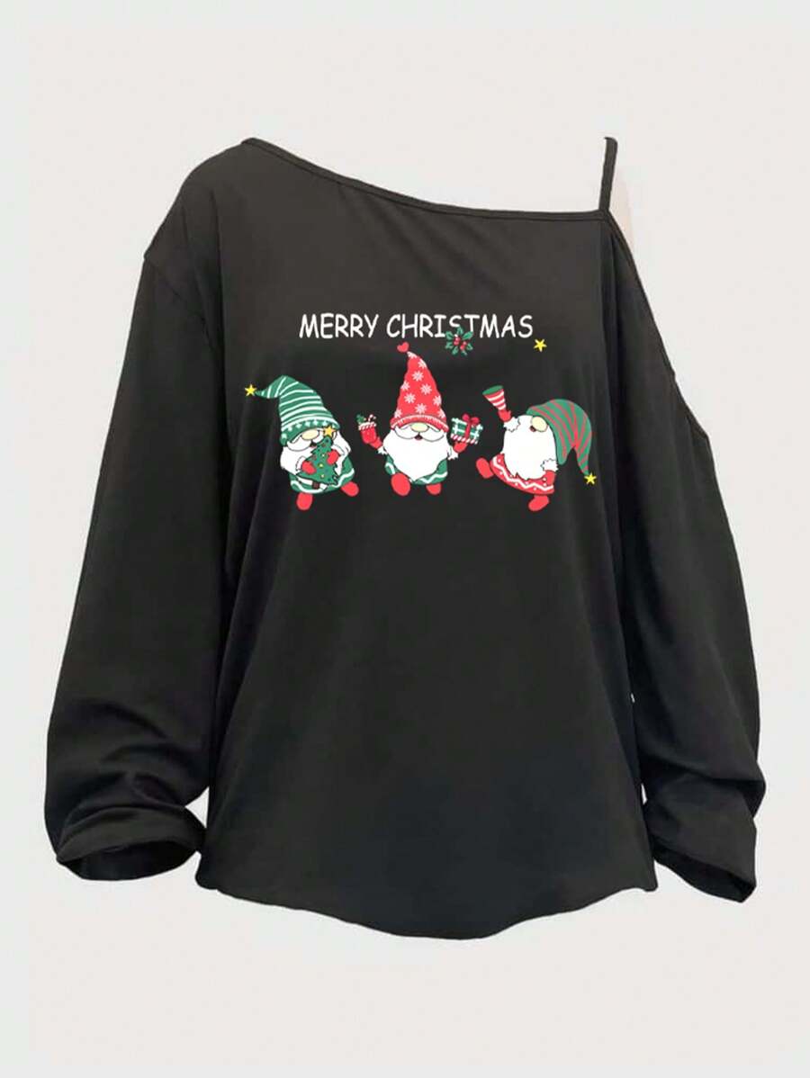 SHEIN LUNE Plus Size Women's Christmas Casual Simple Santa Claus Pattern Autumn One-Shoulder Sling Asymmetrical T-Shirt Clothes - Black - View 1