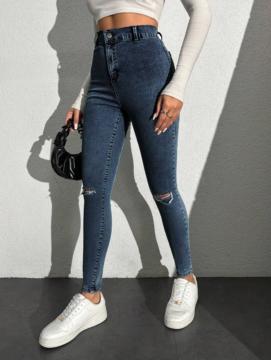 SHEIN Cottnline Ripped Skinny Jeans - Cadet Blue - View 1