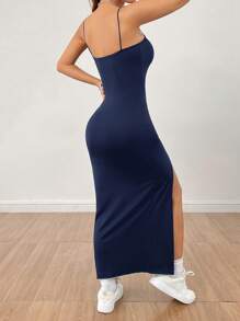 SHEIN PETITE Vestido de falda larga con abertura alta de unicolor con tirantes para mujer - Azul Marino - Ver 2