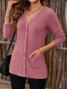 EMERY ROSE Áo thun nữ tay dài cổ chữ V màu trơn, túi có gân, thường ngày, mùa thu - Hồng - Xem 3