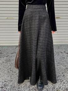 FRIFUL Women's Autumn/Winter Textured Plaid A-Line Skirt - Dark Grey - View 5