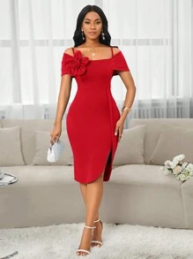 SHEIN Lady 圣诞派对礼服生日派对连衣裙婚礼嘉宾礼服单肩立体花朵装饰水蓝色开叉短裙派对聚会晚宴礼服女装 - 紅色 - 查看 6