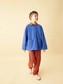 SHEIN Tween Boys' Blue Collared Long Sleeve Casual Basic Warm Jacket For Autumn & Winter - Blue - View 3