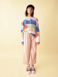 SHEIN 女童印花图案多色纽扣前长袖休闲衬衫毛衣，秋冬 - 彩色 - 查看 4