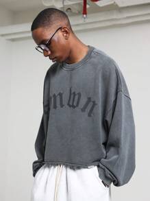 SUMWON Raw Edge Vintage Style Oversized Sweatshirt Gothic Typeface Fall Winter Streetwear Washed Effect Grunge Urban Aesthetic Distressed Pullover - Grey - View 3