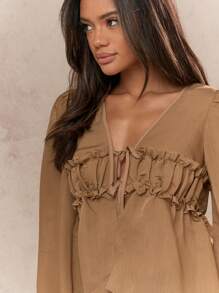 MISSGUIDED Sheer Ruched Bust Balloon Sleeves Shirt Blouse - Coffee Brown - View 3