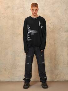 ROMWE MEN Grunge Punk Tricou cu mânecă lungă, cu gât crew, rupt, elegant, casual, confortabil, la modă