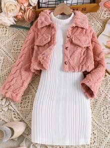 2 件套青少年女孩休闲外套套装：羊毛夹克和 A 字罗纹针织裙，冬季