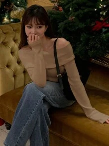 DAZY 女士纯色露肩针织 T 恤，卡其色，春夏秋季长袖女上衣，秋季女装 - 卡其色 - 查看 3