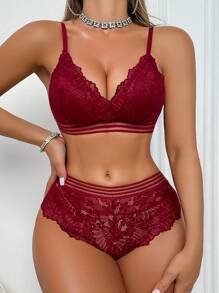 Bộ đồ lót ren hoa lãng mạn 2 món gợi cảm kèm ruy băng cho nữ - Màu Đỏ Sâu - Xem 4