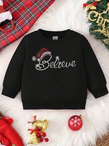 Christmas Baby Girl's Faux Sequin Santa Slogan Snowflake Thermal Lined Sweatshirt,Black And Red Autumn Casual Matching Family Mommy And Me Matching - Black - View 4