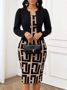 SHEIN Lady 女士商务几何印花泡泡袖夹克夏季套装和女士半身裙套装女士秋季套装女士西装外套 - 彩色 - 查看 3