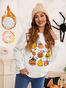 SHEIN Maternity Pumpkin Pattern Round Neck Sweatshirt Long Sleeve, Autumn, For Winter - White - View 1