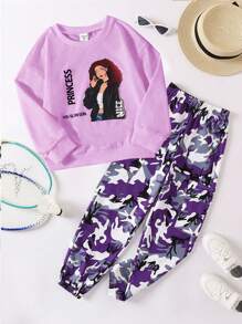 SHEIN 2 件女童纯色长袖印花运动衫 + 迷彩裤套装，春秋 - 紫色 - 查看 1