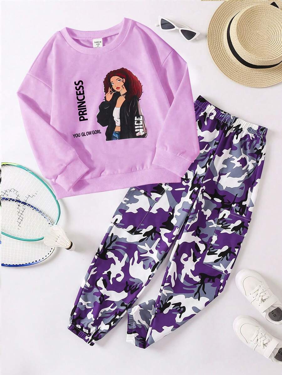 SHEIN 2 件女童纯色长袖印花运动衫 + 迷彩裤套装，春秋 - 紫色 - 查看 1