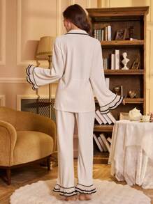 PalaceNights Contrast Ruffle Textured Lapel Flare Sleeve Pajama Set