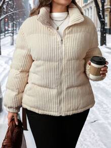 SHEIN LUNE Manteau d'hiver extra-épais en velours côtelé, épaissi et chaud, grande taille. Avec poches, isolation thermique efficace, ample, décontracté et affinant. Manteaux d'hiver avec poches. Doudoune femme 2024 hiver avec poches, manteaux matelassés amples
