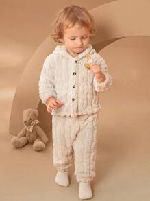 SHEIN Baby Boy Fleece Hooded Sweatshirt Jacket And Solid Color Fleece Pants Set, A Warm And Comfortable Outfit Suitable For Wear In Autumn, Spring And Winter. Keeping Them Fashionable And Comfortable In Autumn, Spring And Winter. - Apricot - View 3